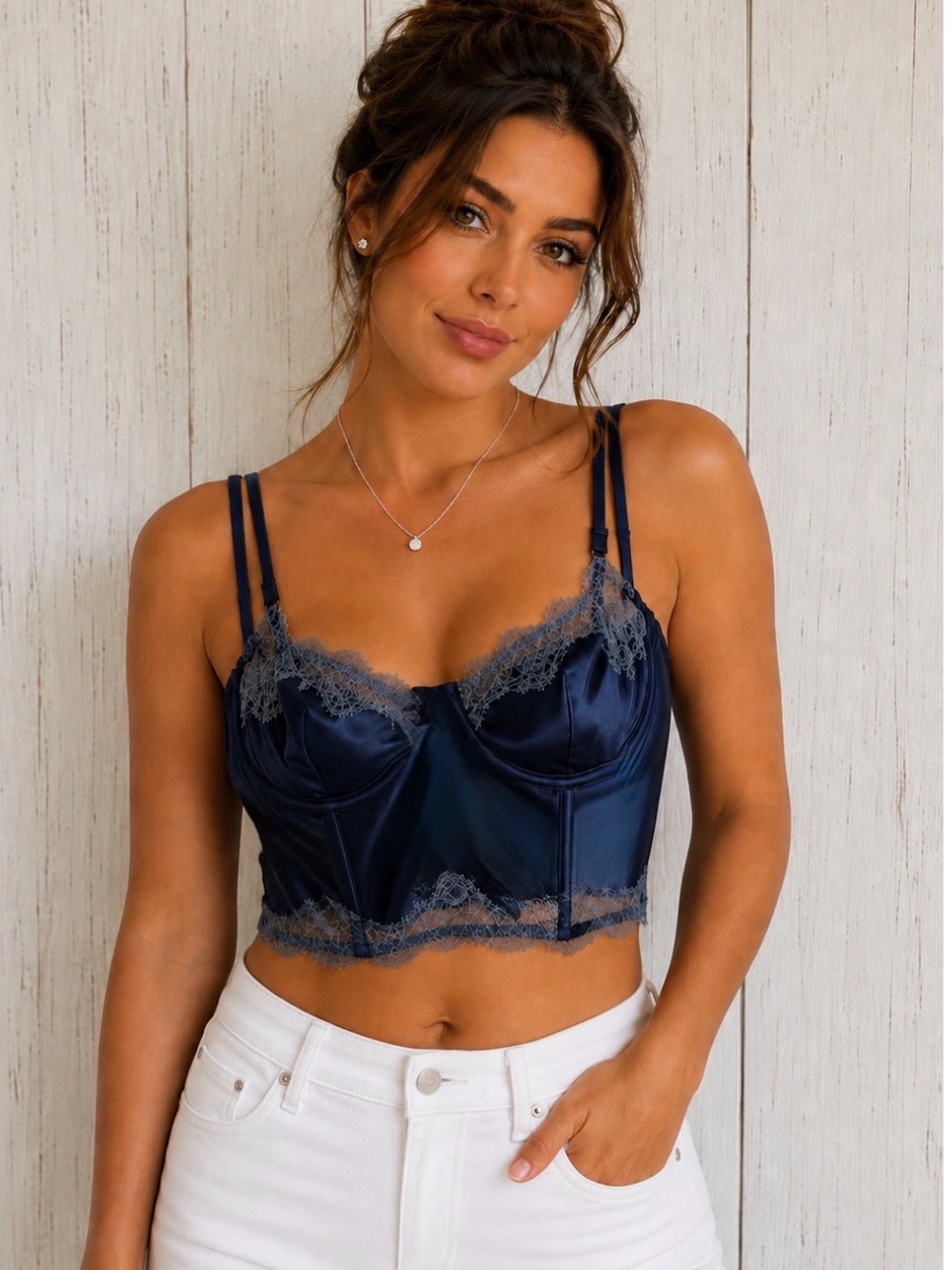 Satin Lace Trim Bralette Crop Top - Navy